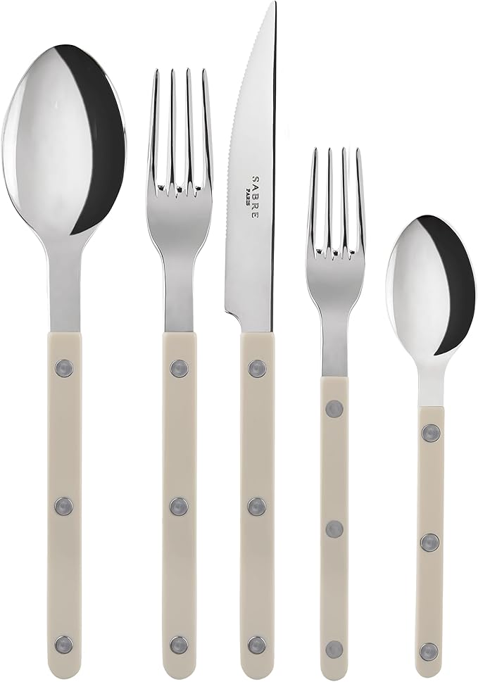 SABRE PARIS - 5-Piece Flatware Set - Bistrot Collection - Knife, Fork, Soup Spoon, Teaspoon & Dessert Fork - Stainless Steel & Nylon - Dishwasher Safe - Light Kaki - Brilliant Finish