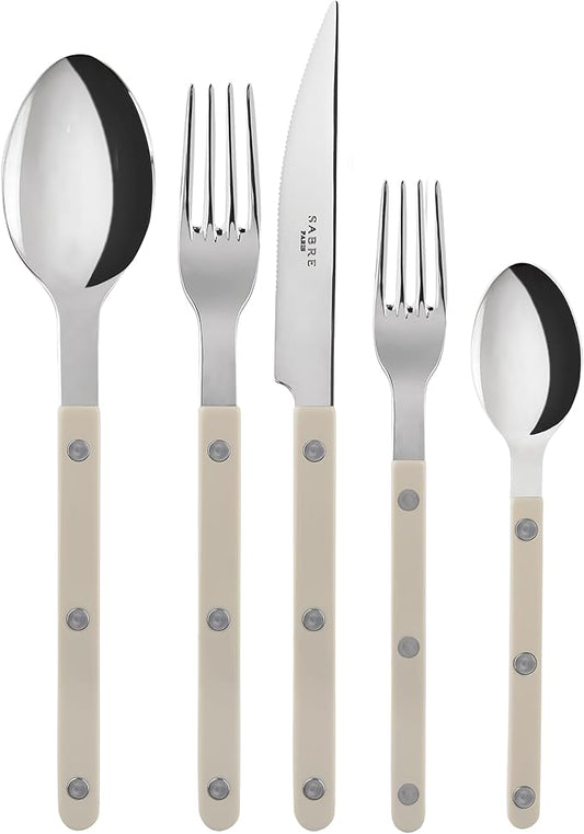 SABRE PARIS - 5-Piece Flatware Set - Bistrot Collection - Knife, Fork, Soup Spoon, Teaspoon & Dessert Fork - Stainless Steel & Nylon - Dishwasher Safe - Light Kaki - Brilliant Finish