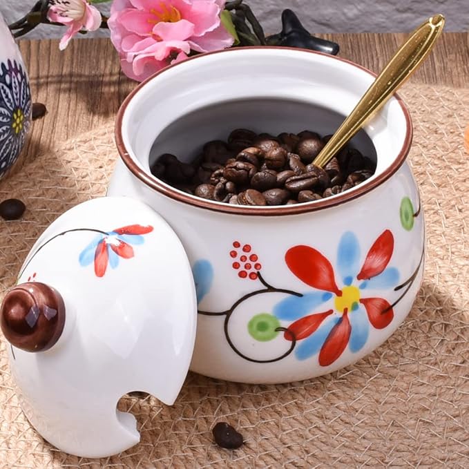 Porcelain Sugar Bowl with Lid and Spoon Seasoning Container Salt Jar for Home and Kitchen (HH)