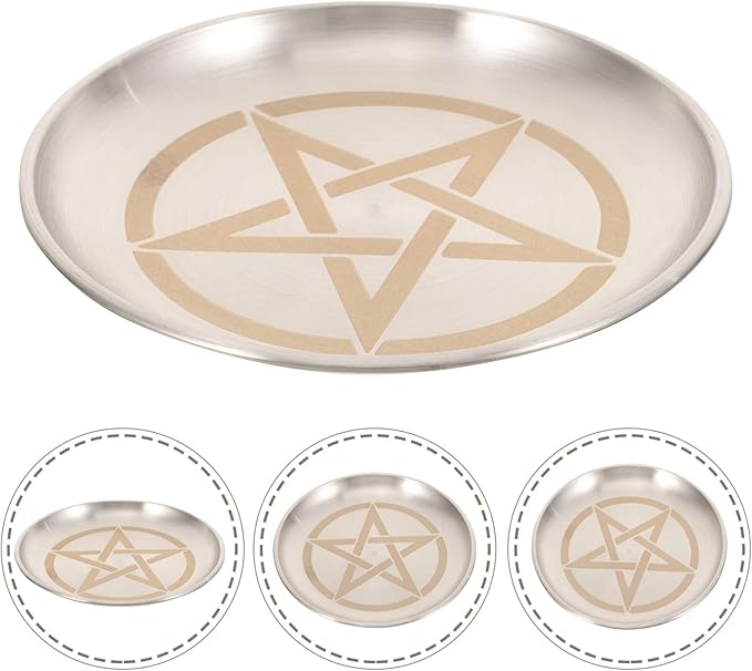 Pentagram Altar Ritual Plate Dish Flat Bowl Burning Candle Holder Offering Fruit Tray Metal Jewelry Tray Food Snack Dish Decorative Platter for Smudging Silver