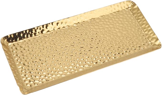 Metallic Towel Serving Tray Hammered Stainless Steel Dishwasher Safe Plate for Home Restaurant 25x11cm (Gold)