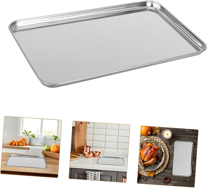 Stainless Steel Rectangular Serving Tray Silver Platter Flat-Bottom Fruit Tray Multipurpose Kitchenware for Home Cafes Hotels Easy Clean
