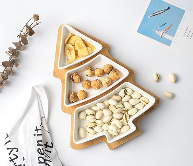 10.8 Inch White Snack Appetizer Trays Set, Small Christmas Tree Dessert Serving Dishes, Snack Platter, 3 pcs Removable White Porcelain Plates with Bamboo Tree Tray