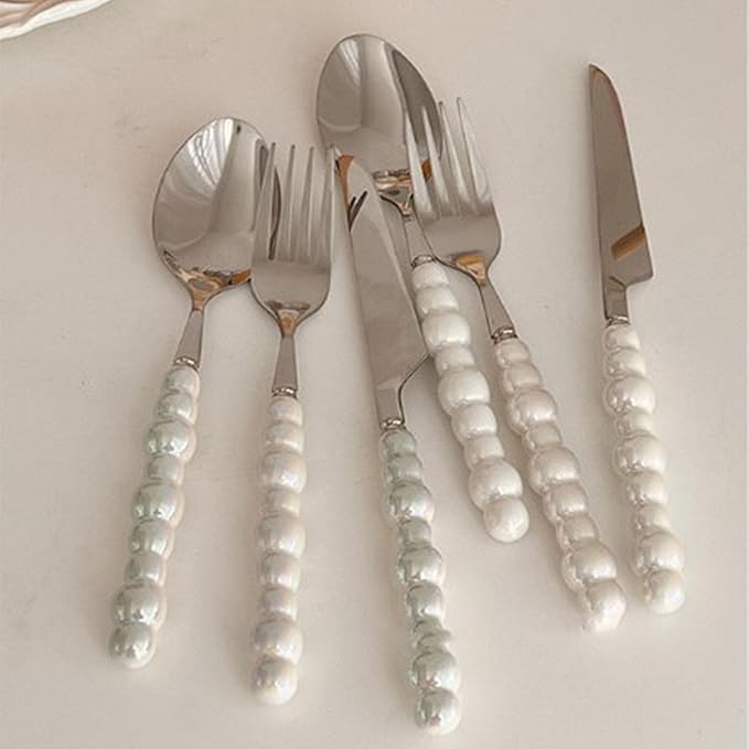 Silverware Set, Spoon and Fork Set Flatware Set Stainless Steel Cutlery Set with Ceramic Pearl Handles for Home Restaurant Hotel