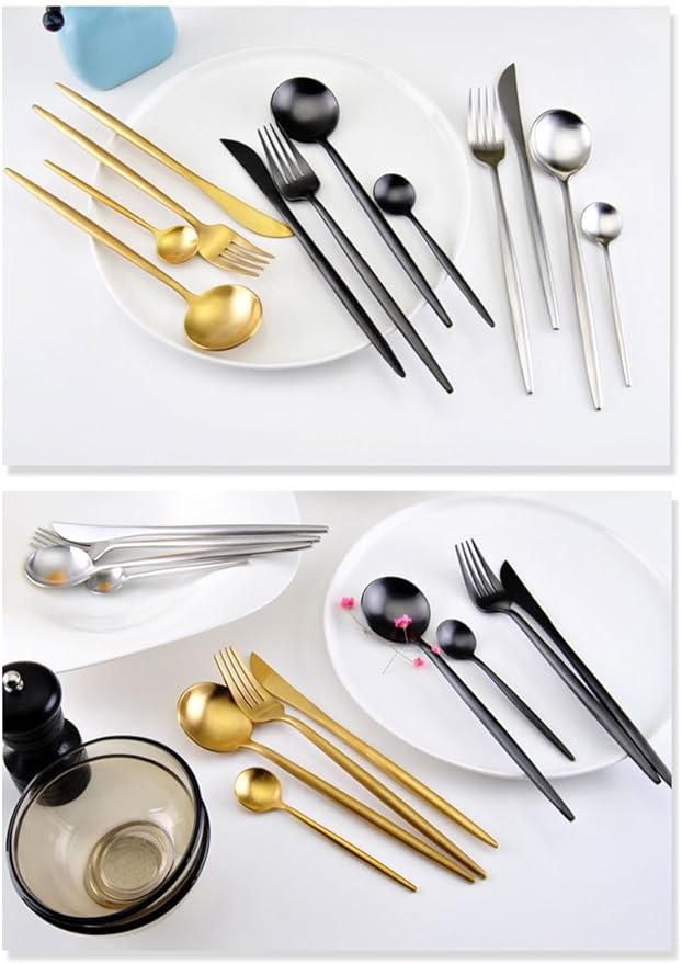 Lots 4pcs 304 Stainless Steel Tableware Dinner Spoon Fork Knife Flatware Serving Sets Spoons Forks Knives，Black + Silver-4
