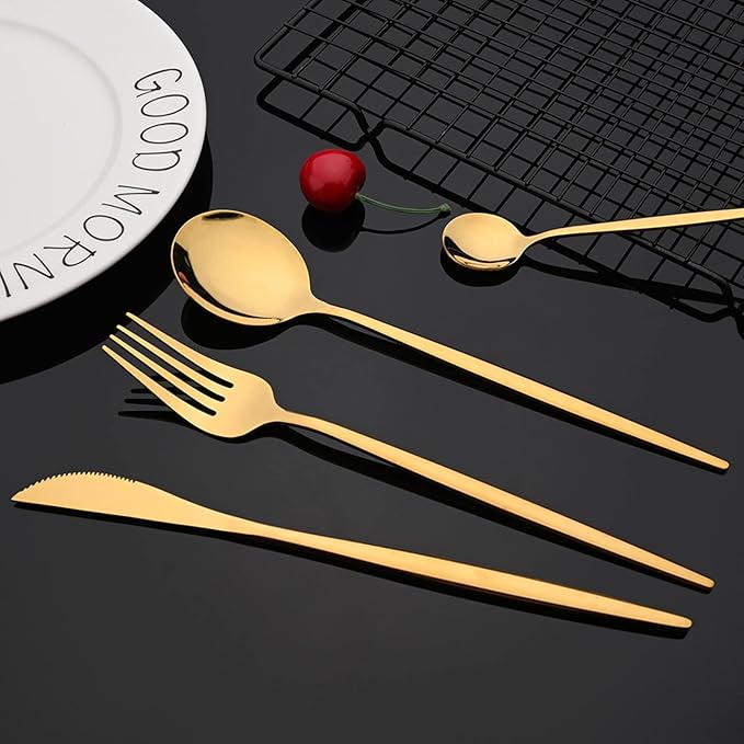 JASHII 24-Piece Stainless Steel Flat Flatware Set for 6, Fork Spoon Knife Set Eating Utensils Tableware with Holder for Kitchens Home and Restaurant, Dishwasher Safe - Shiny Gold