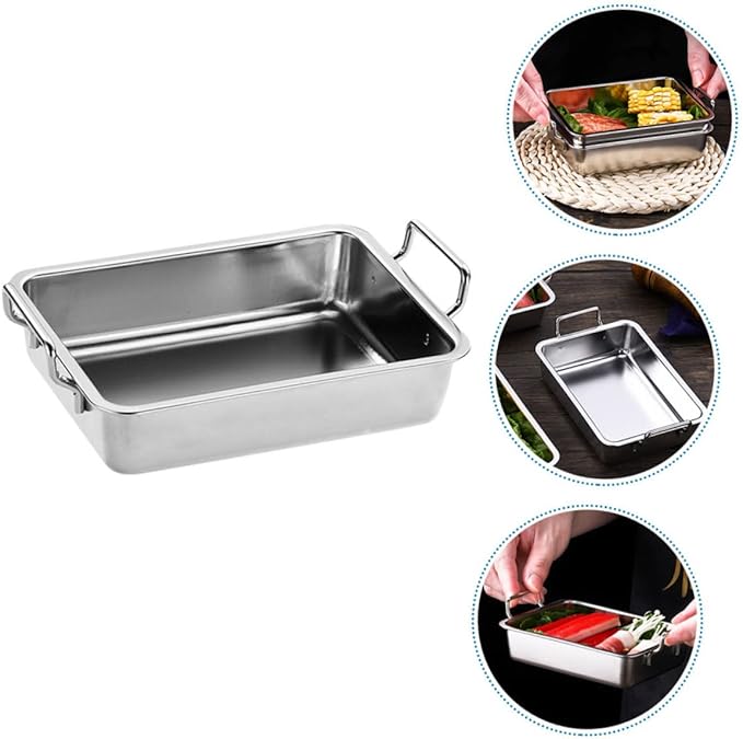 VOSAREA 1Pc Stainless Steel Food Tray with Handles Smooth Surface Snack Holder for Barbecue Fruits and Snacks Practical Silver Platter for Easy Serving
