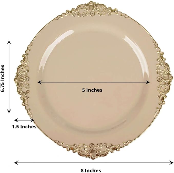 8" Salad Plates -Set of 30 - Plastic Taupe Round Baroque Disposable Chargers Leaf Embossed Rim, Ideal for Dinner Party Wedding Bulk Events