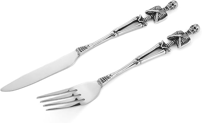HZMAN Gothic Skull Flatware: Dinner Knife, Dinner Fork, Soup Spoon & 3-Piece Place Setting, Stainless Steel Cutlery Set for Home Kitchen, Halloween Table Decor