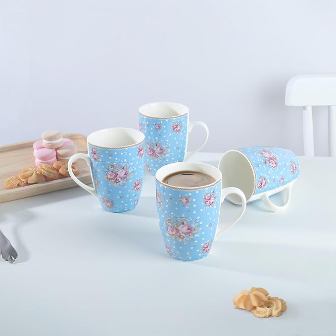 fanquare 10 Ounce Blue Floral Polka Dot Mug Set of 4, Ceramic Coffee/Tea Mugs with Pink Flower Pattern, Cute Drinkware for Home Office, Microwave & Dishwasher Safe