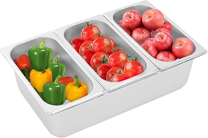 Three-Compartment Fruit Pan with Acrylic Lids and Water-Filtering Gaskets Stainless Steel 3 Pans Food Storage Container for Restaurants Buffet Display