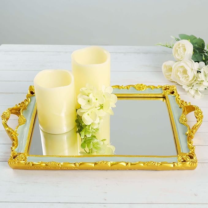 Efavormart Metallic Gold/Mint Green Resin Decorative Serving Tray - Rectangle Mirrored Vanity Tray - 15"x10"