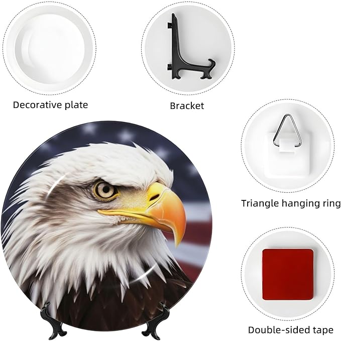 Bald eagle Ceramic Decorative Plates 6in Personalized Bone China Decorative Plate with Display Stand Ceramic Dinner Plate Ornaments Wall Hanging Decoration for Home Decor
