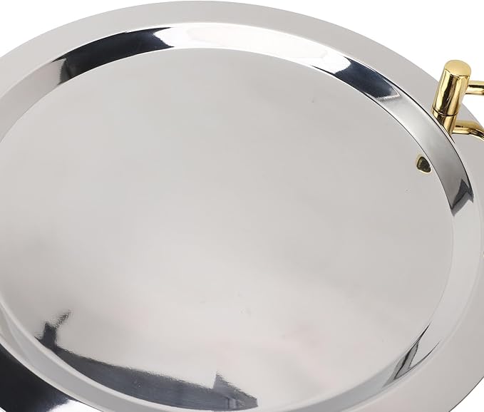 Stainless Steel Serving Plate, Elegant Mirror Finish Serving Tray Reusable Unbreakable Modern Kitchen Plates Golden with Handle for Hotel Restaurant Banquet (Round (Diameter 16.9in))