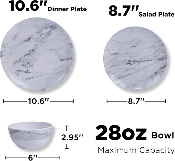 TP 12-Piece Dinnerware Set, Melamine Dishes Set with Bowls and Plates, Non-breakable and Lightweight Dinner Service for 4, Marble Pattern