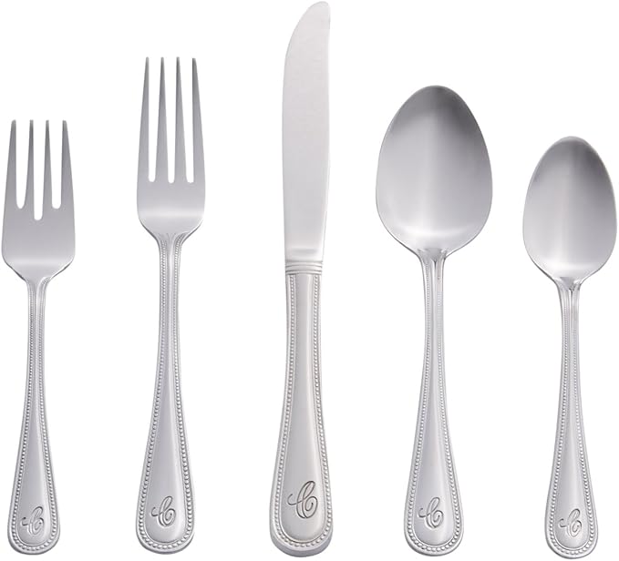 RiverRidge Monogrammed Beaded Flatware Set - C - 46-Piece Silverware with Custom Letter Stamp, 18/0 Stainless Steel Utensils Set for Daily Use & Special Occasions - Dishwasher Safe, Versatile Design