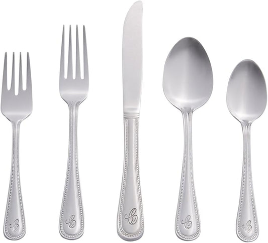 RiverRidge Monogrammed Beaded Flatware Set - C - 46-Piece Silverware with Custom Letter Stamp, 18/0 Stainless Steel Utensils Set for Daily Use & Special Occasions - Dishwasher Safe, Versatile Design