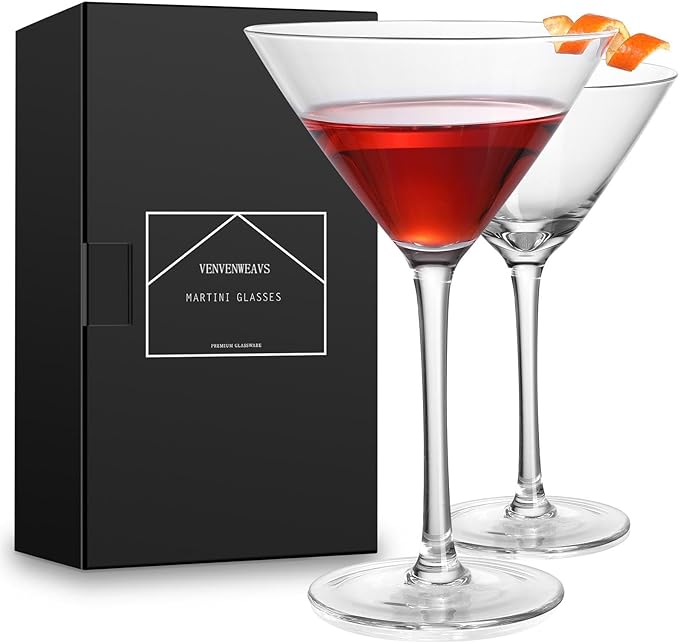 VENVENWEAVS Martini Glasses Set of 2,Hand-blown 9.2OZ Crystal Cocktail Glasses for Espresso Martini,Cosmopolitan,Manhattan,Gimlet,Home Bar,Cocktail Party,Stemless Martini Glassware Gift Set