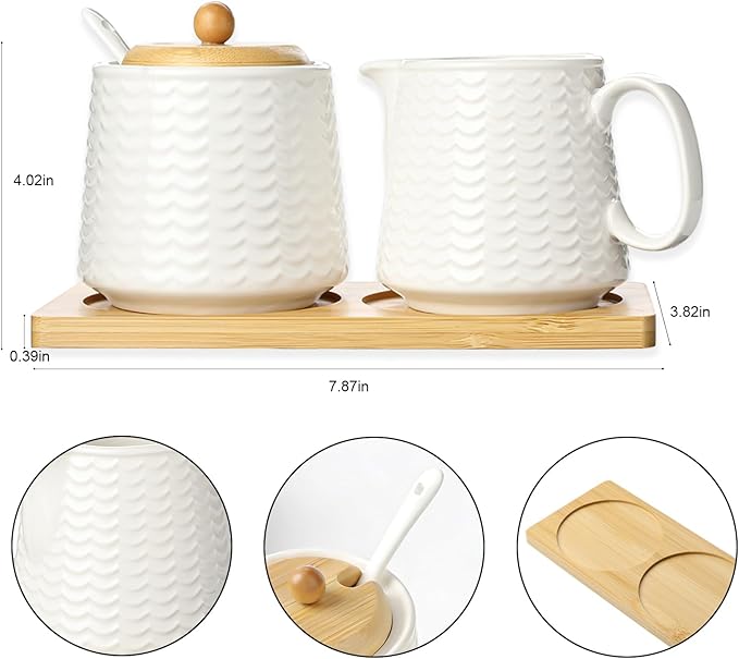 Ceramic Sugar and Creamer Set, Porcelain Coffee Serving Set with Cream Pitcher, Sugar Bowl, Lid & Spoon, 10 Ounce Creamer Container and Sugar Pot (CTNAI231)