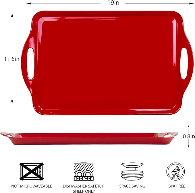 Extra Large Red/White Valentine Serving Tray with Handles, 19''x11.6'' Melamine Platters, Rectangular Trays for Serving Food, Turkey, Cookie, Cupcakes, Desserts, Dishwasher Safe, BPA-Free, Set of 2