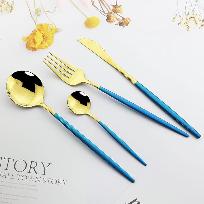 JASHII 24 Piece Titanium Blue Plated Stainless Steel Flatware Set, Gold Mouth Utensils Set, Cutlery Service for 6 (Blue Handle, Shiny Gold)