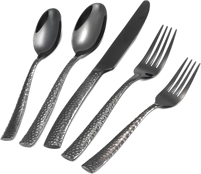 Flatware Set Stainless Steel Cutlery Set Silverware Set Black Hammered Mirror Finished 40 Pieces Home Event Wedding Use Service for 8