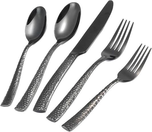 Flatware Set Stainless Steel Cutlery Set Silverware Set Black Hammered Mirror Finished 40 Pieces Home Event Wedding Use Service for 8