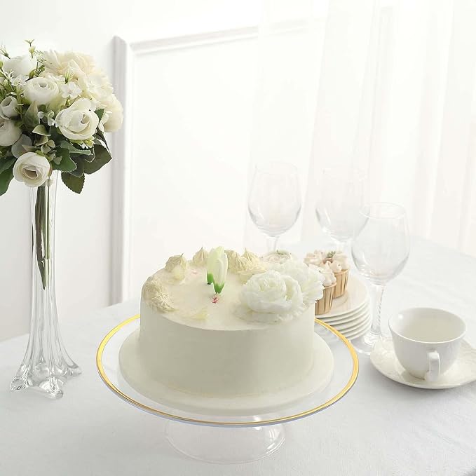 Efavormart 2 Pack | 12" Clear with Gold Rim Plastic Cupcake Dessert Display Riser, Disposable Pedestal Cake Stand