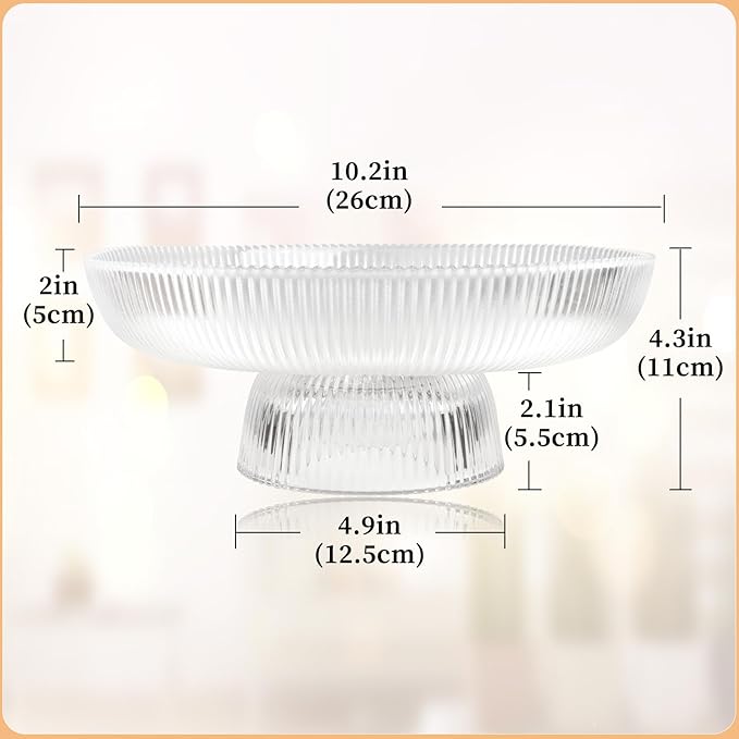 Large Glass Fruit Bowl for Kitchen Counter Decorative Centerpiece Bowl for Table Home Déco, Clear Ribbed