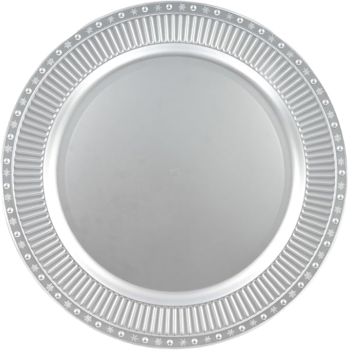 100 Pcs Antique Charger Plates Bulk 13 Inch Embossed Rim Plastic Party Dinner Plate Chargers Round Decorative Server Plate for Wedding Party Event Tableware (100pcs-silver7)