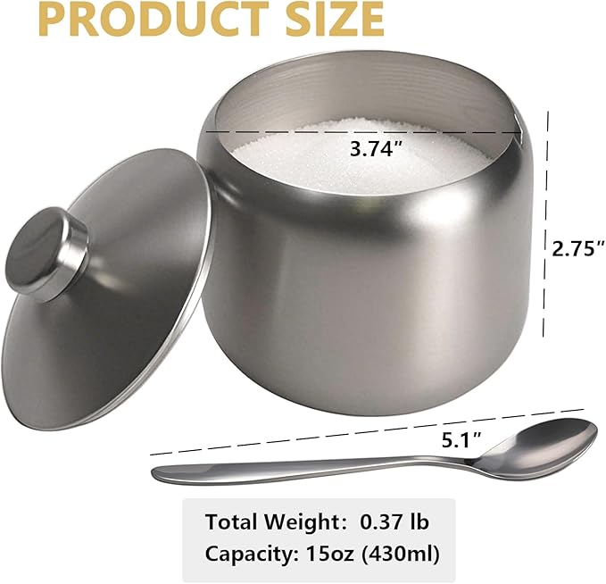 15oz Sugar Bowl with Lid And Spoon, Stainless Steel Sugar Creamer Container, Round Sugar Jar, Durable Sugar Pot for Coffee Bar Accessories, Coffee Bar Decor, Home and Kitchen Storage, Silver