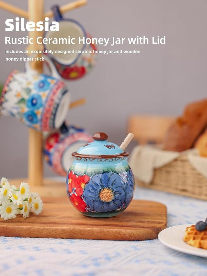 silesia Handmade Ceramic Honey Jar with Lid, 8 oz Floral Design Honey Pot with Dipper, Hand-Painted Honey Containers for Honey, Jam, or Syrup, Dishwasher Safe (Glazed Blue)