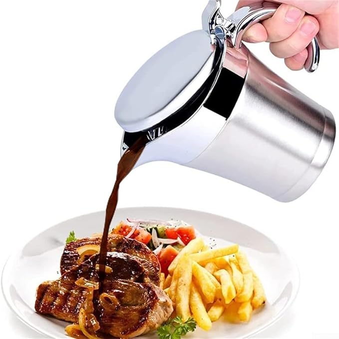 304 Stainless Steel Steak Sauce, Sauce Jug, Double Insulated Gravy Boat, Stainless Steel Sauce Jug With Hinged Lid, Multifunctional Sauce Pot For Gravy Or Cream(750ML)