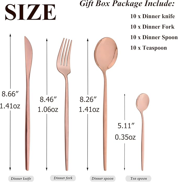 40 Pcs Mirror Polish Silverware Set, Large Set 18/10 Stainless Steel Flatware Cutlery Set For Home Daily Use/Wedding Party/Restaurant, Utensils Set Service For 10 (Rose Gold)