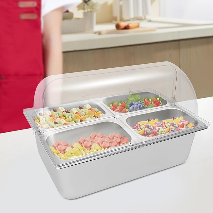 4 Pans Countertop Food Serving Display Container, Stainless Steel Flip-Top Fruit Tray with Clear Roll Top Cover, Buffet Chilled Condiment Container for Restaurant Hotel Kitchen