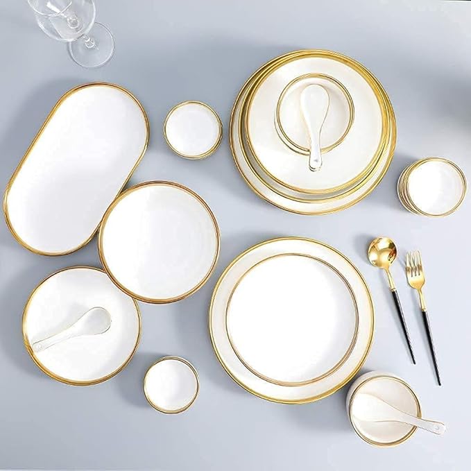 Dinnerware Set Luxury Family Dinner Service Set, Dinnerware Sets Service for 2/4/6, Kitchen Plates and Bowls Sets White, Luxury Bone China Tableware, Nordic Gold Porcelai,26pcs