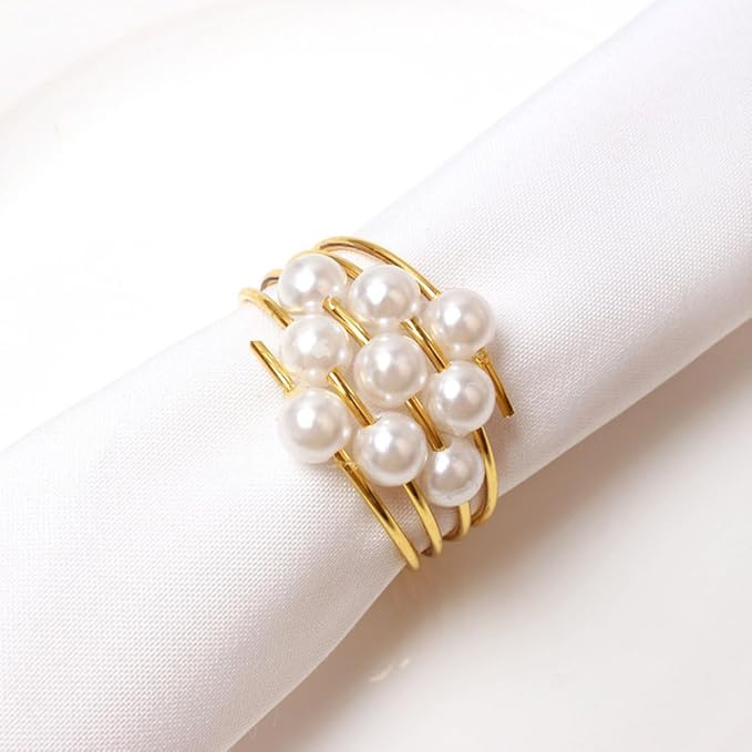 Pearl Decorative Napkin Rings Set of 12, Gold Napkin Ring with White Imitation Pearl Serviette Buckles Holder for Wedding Birthday Thanksgiving Christmas Easter Holiday Table Decor