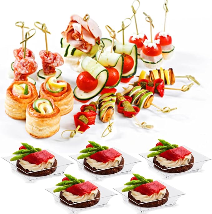 TOFLEN 100ct Mini Dessert Plates with Tasting Spoons, 2.5 Inch Small Reusable Clear Plastic Square Party Serving Hors D'oeuvres Plates for Appetizers (Square)