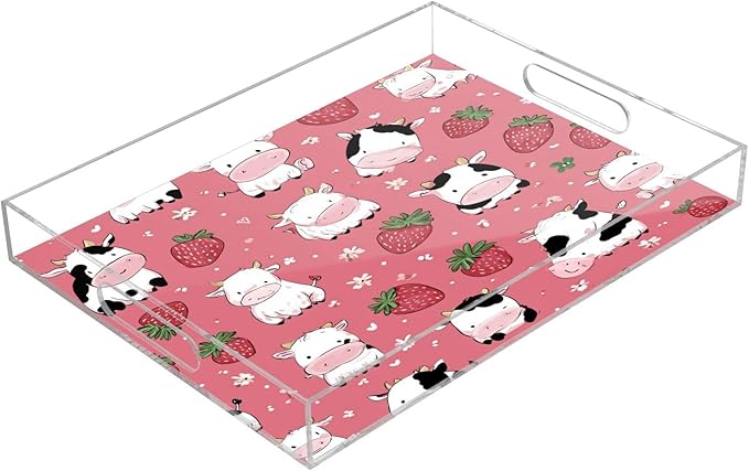 Serving Tray with Handles Clear Acrylic Tray 12x16 Inch Decorative Rectangular Tray Organizer for Ottoman Coffee Table Bathroom Cows Strawberry Flower
