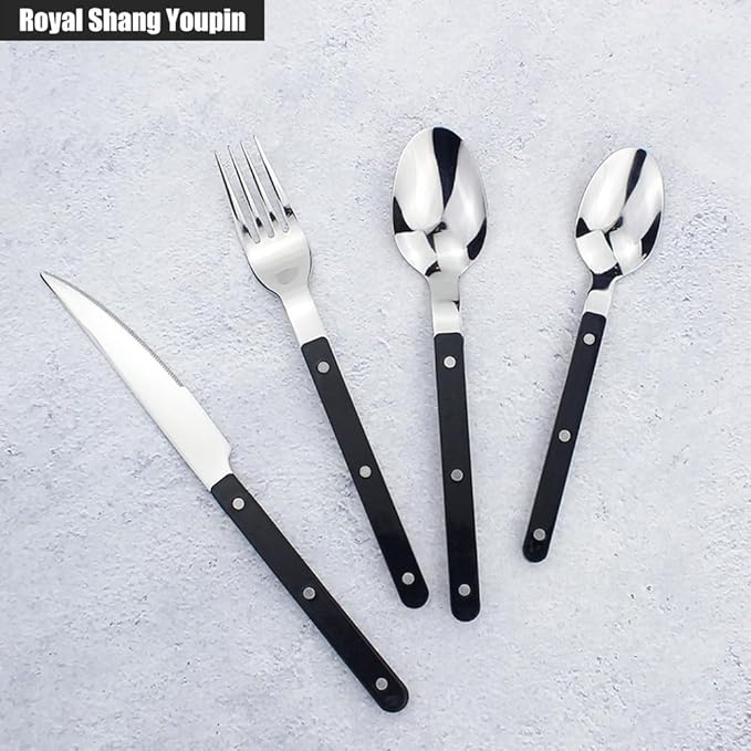 Rivet ABS Clamp Handle Kitchen Stainless Steel Silverware Tableware Flatware Cutlery Set Steak Knife Fork Spoon Teaspoon Western Tableware Butter Knife Set (Blue,16 pieces)