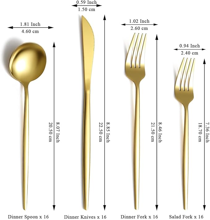Evanda Gold Silverware Set 64 Piece Service for 16, Titanium Gold Plated Stainless Steel Flatware Set, Knives Forks Spoons Cutlery Set for Wedding, Parties, Birthday, Restauroom, Dishwasher Safe