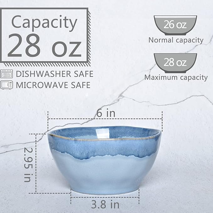 Bosmarlin Ceramic Soup Bowl Set of 4, 28 Oz, Cereal Bowl for Oatmeal, Dishwasher and Microwave Safe, Reactive Glaze (Blue, 6 inches)