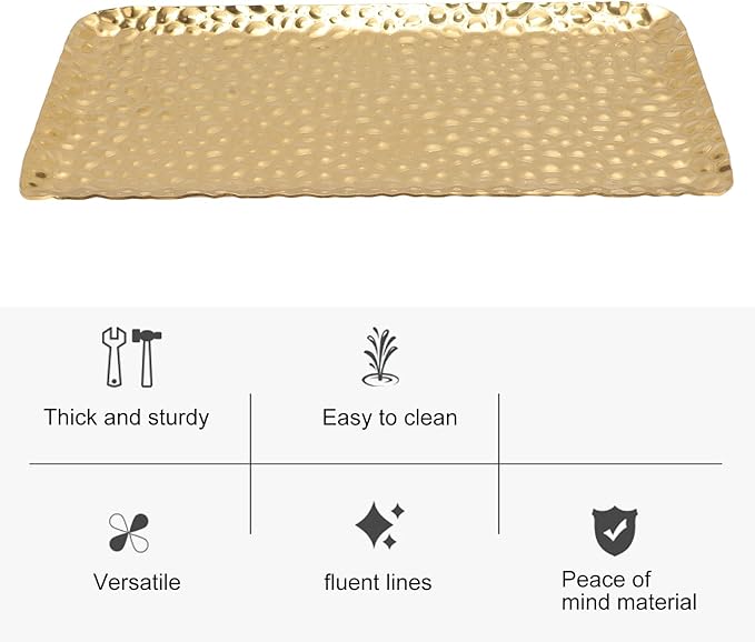 2PCS Stainless Steel Tray, Silver Tray Decorative Hammered Tray Stainless Serving Tray for Home Kitchen Bathroom Counter Organizer(gold)