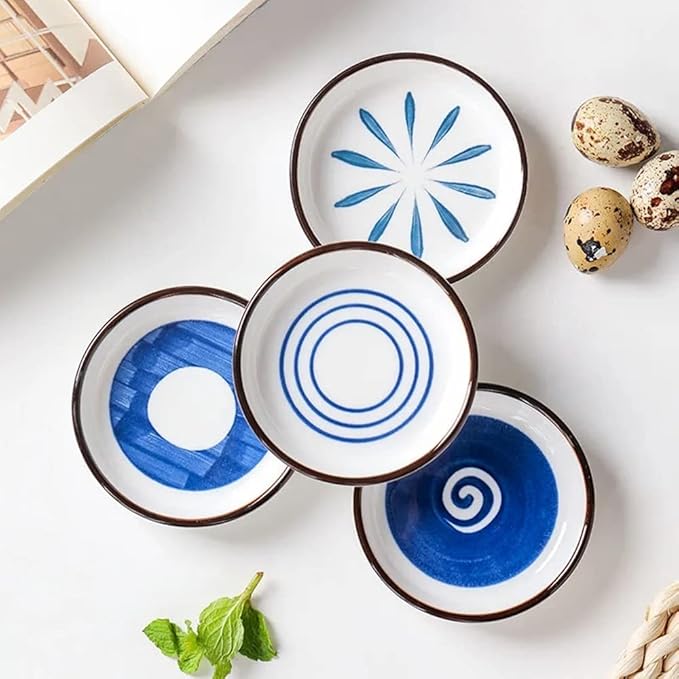 Japanese Retro Ceramic Side Dishes Set of 4, Ceramic Sauce Dipping Bowls Porcelain Side Dish Bowl, 3.54 Inch Mini Seasoning Dish for Ketchup, Sushi, Snack, BBQ and Other Party Supplies