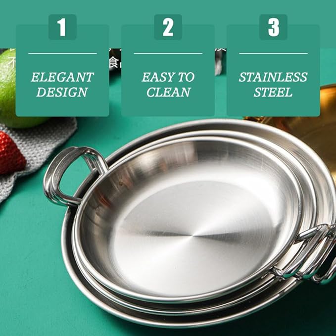 Ciieeo Metal Tray Stainless Steel Round Plate Dish Dessert Plate with Double Handles Snack Appetizer Tray Noodle Bowl Salad Serving for Home Restaurant Camping Silver