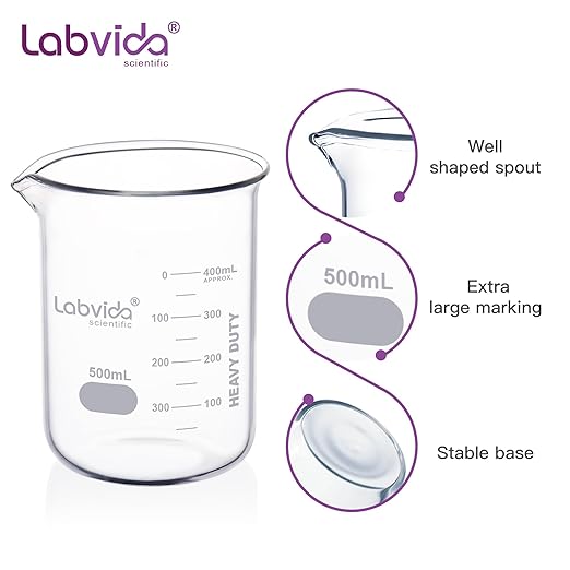 6pcs 500ml Upgrated Thick Glass Beakers, Griffin Low Form Beaker Set with Double Scale, 3.3 Boro, LVA013