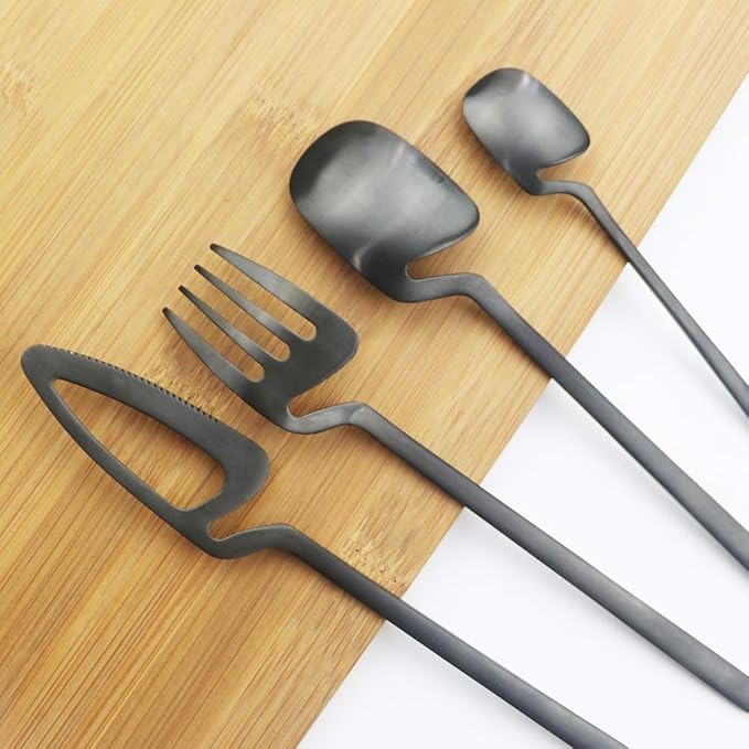 Luxury Matte Black Flatware, Silverware Sets, 4-piece Elegant Cute 18/10 Stainless Steel Silverware Set for Eating Home Kitchen Hotel Restaurant, Service Sets for 1 People, Dishwasher Safe