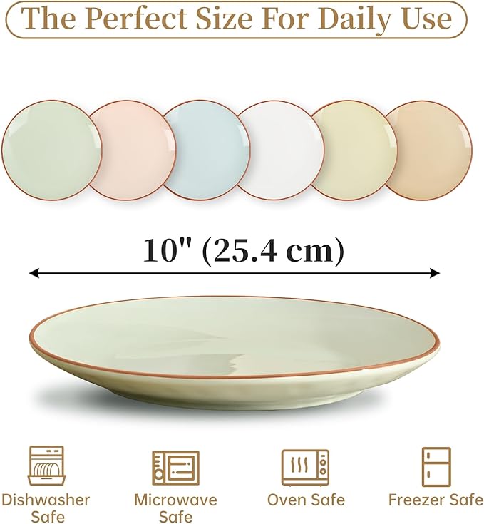 Dinner Plates Set of 6-10 Inch Large Ceramic Plate for Salad, Pasta, Steak - Colorful Modern Serving Dishes - Microwave, Oven and Dishwasher Safe - Assorted Candy Hue