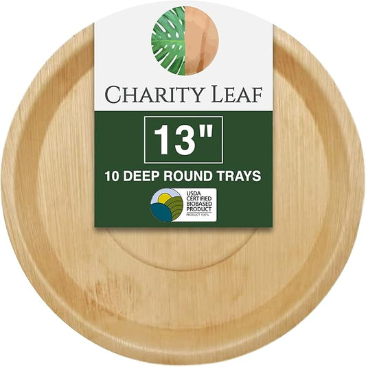Charity Leaf Disposable Palm Leaf 13" Deep Round Trays (10 pieces) Bamboo Like Serving Platters, Disposable Boards, Eco-Friendly Dinnerware For Weddings, Catering, Events
