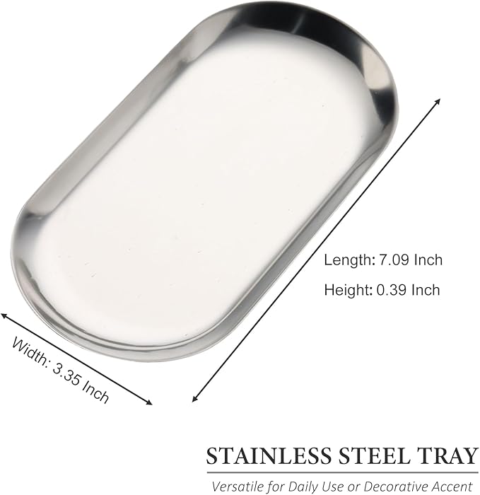 2 Pack Stainless Steel Silver Decorative Tray, Small Oval Perfume Jewelry Candle Dish, Dinner Macarons Dessert Plate for Home Entry Decor Bathroom Kitchen Storage
